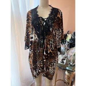 Inner Beauty Leopard Print Lace‎ Trim Kimono Tunic Dress Medium NWT